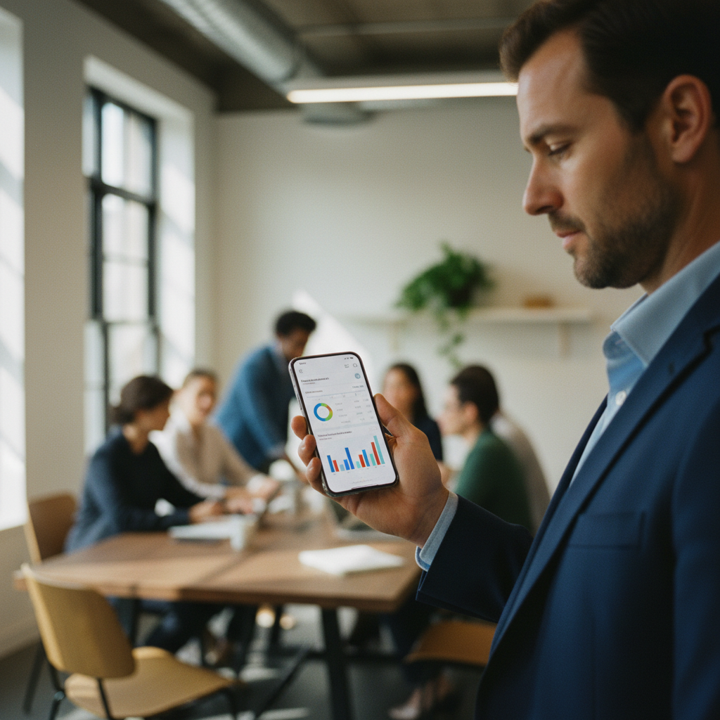 Usuário interagindo com o novo iPhone 18 Pro em um ambiente de trabalho.