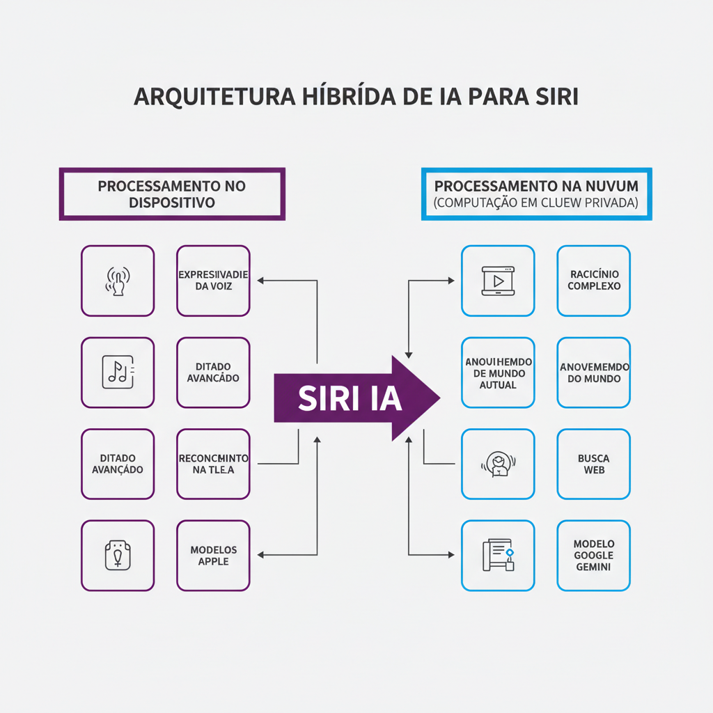 Arquitetura híbrida da nova Siri, combinando processamento local e em nuvem.